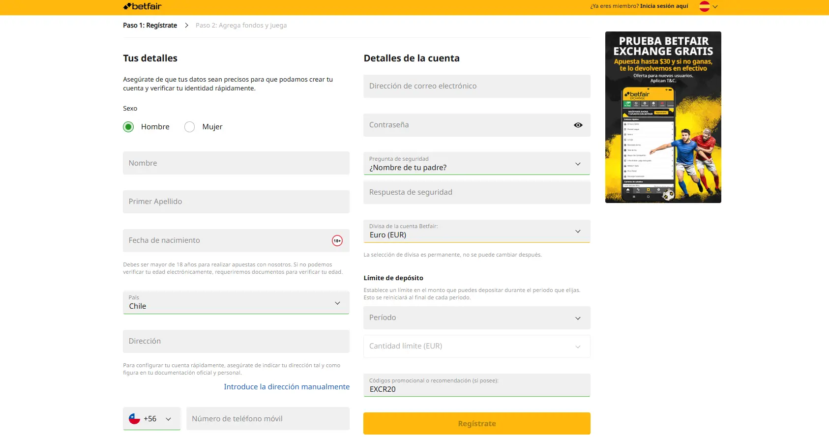 Registro en Betfair casino desde Chile