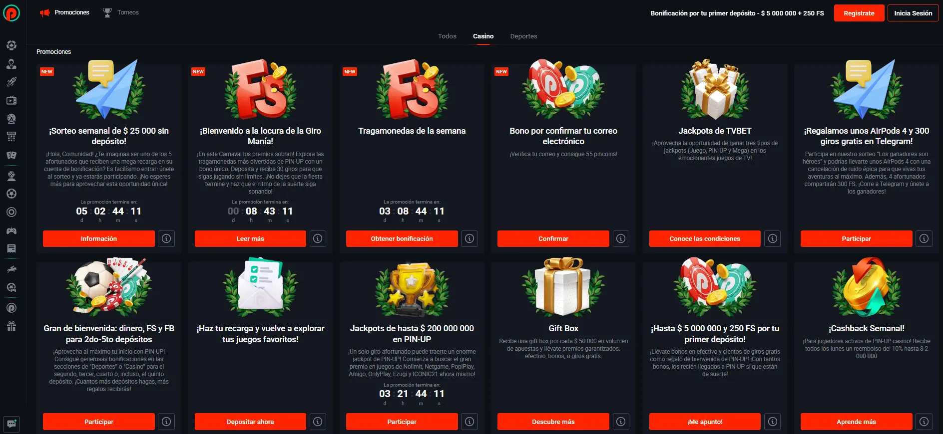 Bonos y promociones en el casino Pin Up