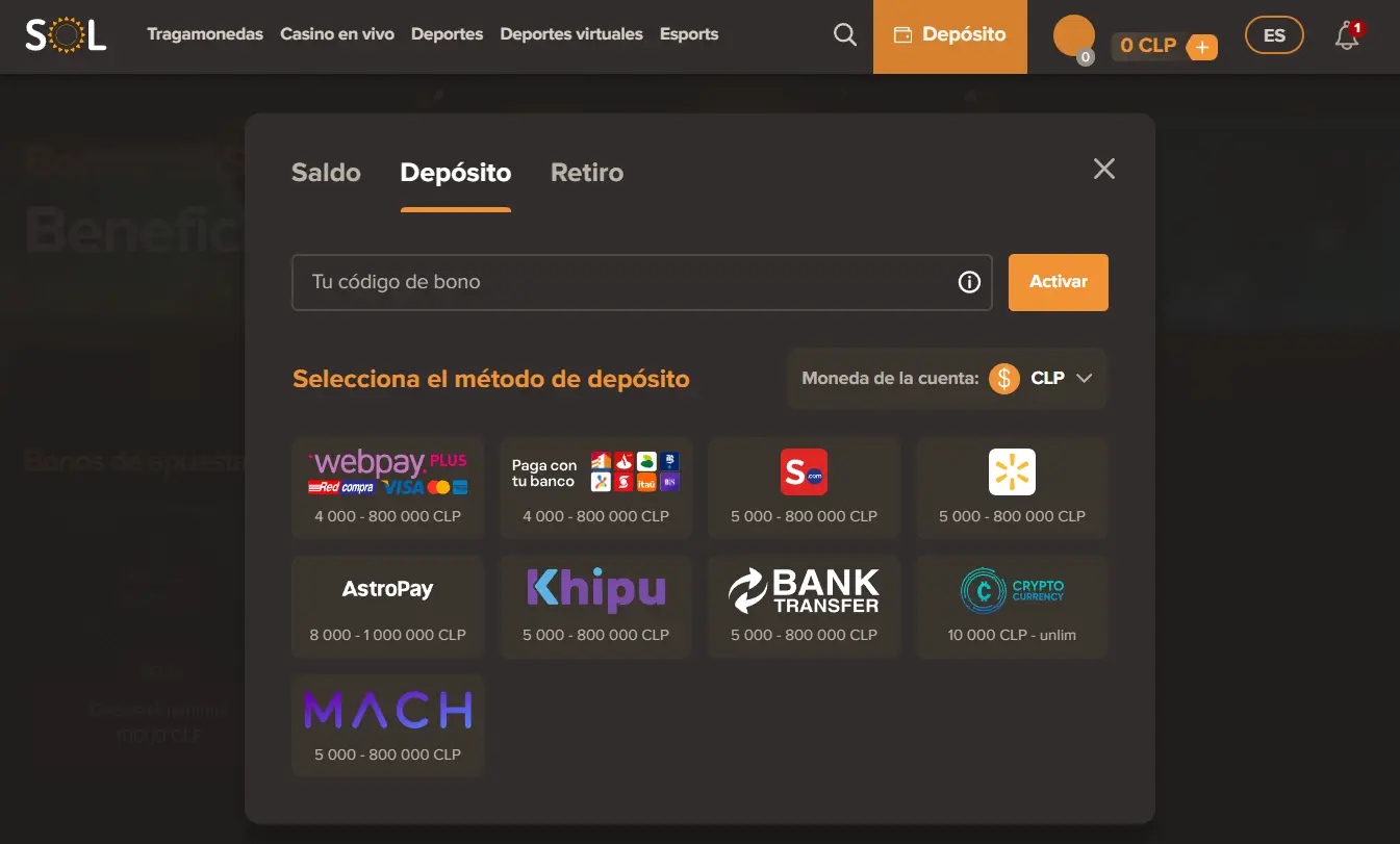 Opciones de depósito y retiro en Sol casino
